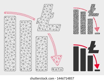 Mesh Litecoin epic fail chart model with triangle mosaic icon. Wire frame polygonal mesh of Litecoin epic fail chart. Vector mosaic of triangle parts in various sizes, and color shades.