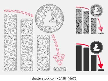 Mesh Litecoin falling acceleration chart model with triangle mosaic icon. Wire frame triangular mesh of Litecoin falling acceleration chart. Vector composition of triangle parts in different sizes,