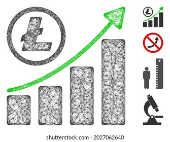 Mesh Litecoin growing graph trend web 2d vector illustration. Carcass model is based on Litecoin growing graph trend flat icon. Network forms abstract Litecoin growing graph trend flat carcass.