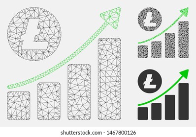 Mesh Litecoin growing trend model with triangle mosaic icon. Wire carcass triangular mesh of Litecoin growing trend. Vector mosaic of triangle elements in different sizes, and color hues.