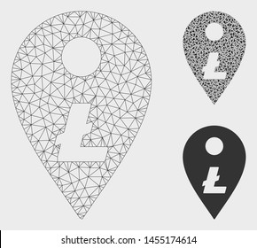Mesh Litecoin map marker model with triangle mosaic icon. Wire frame triangular mesh of Litecoin map marker. Vector mosaic of triangles in variable sizes, and color hues.
