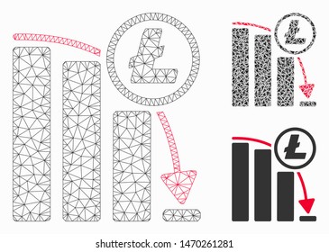 Mesh Litecoin panic falling chart model with triangle mosaic icon. Wire frame triangular mesh of Litecoin panic falling chart. Vector mosaic of triangles in various sizes, and color hues.