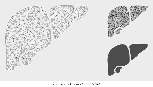 Mesh liver model with triangle mosaic icon. Wire frame polygonal network of liver. Vector mosaic of triangle elements in variable sizes, and color tones. Abstract flat mesh liver,