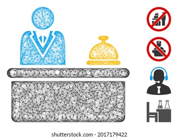 Mesh lobby desk web symbol vector illustration. Carcass model is based on lobby desk flat icon. Network forms abstract lobby desk flat carcass.