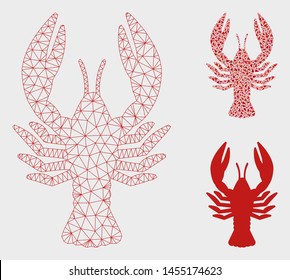 Mesh lobster model with triangle mosaic icon. Wire frame triangular mesh of lobster. Vector mosaic of triangle elements in variable sizes, and color tones. Abstract 2d mesh lobster,