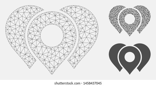 Mesh location markers model with triangle mosaic icon. Wire carcass polygonal mesh of location markers. Vector mosaic of triangle parts in various sizes, and color hues.