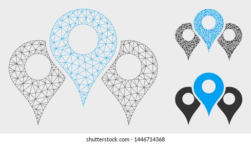 Mesh locations model with triangle mosaic icon. Wire carcass triangular network of locations. Vector mosaic of triangle elements in different sizes, and color hues. Abstract 2d mesh locations,