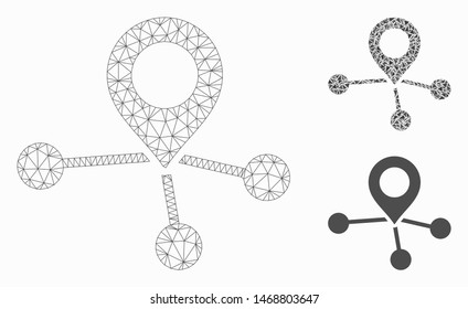 Mesh locations model with triangle mosaic icon. Wire frame triangular network of locations. Vector mosaic of triangle elements in variable sizes, and color hues. Abstract flat mesh locations,