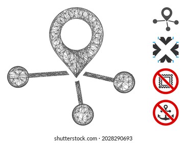 Mesh locations web icon vector illustration. Carcass model is based on locations flat icon. Net forms abstract locations flat carcass. Wire frame flat web network isolated on a white background.