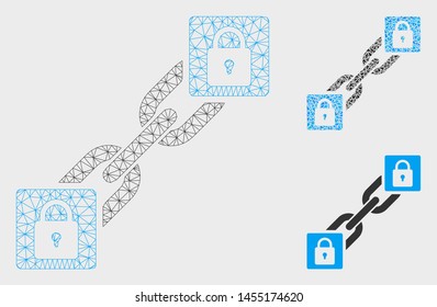 Mesh lock blockchain model with triangle mosaic icon. Wire frame polygonal mesh of lock blockchain. Vector mosaic of triangle elements in variable sizes, and color hues.