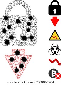 Mesh lock down polygonal icon vector illustration, with black infection items. Carcass model is based on lock down flat icon, with infectious items and polygonal mesh.