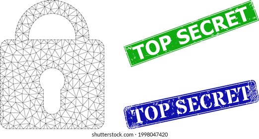 Mesh lock model, and Top Secret blue and green rectangular rubber seals. Mesh carcass illustration designed with lock pictogram. Seals contain Top Secret caption inside rectangle frame.