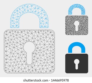 Mesh lock model with triangle mosaic icon. Wire carcass triangular mesh of lock. Vector mosaic of triangles in different sizes, and color hues. Abstract flat mesh lock, designed with triangles.
