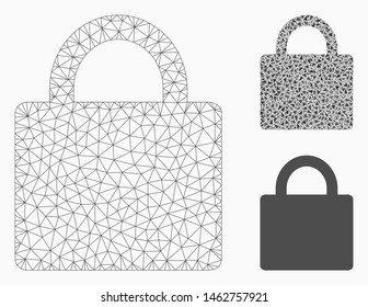 Mesh lock model with triangle mosaic icon. Wire carcass triangular network of lock. Vector mosaic of triangle elements in various sizes, and color tints. Abstract flat mesh lock,