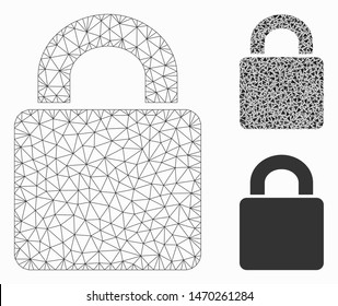 Mesh lock model with triangle mosaic icon. Wire carcass polygonal mesh of lock. Vector mosaic of triangle elements in different sizes, and color hues. Abstract flat mesh lock,