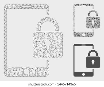 Mesh lock smartphone model with triangle mosaic icon. Wire carcass triangular mesh of lock smartphone. Vector collage of triangle elements in variable sizes, and color tints.