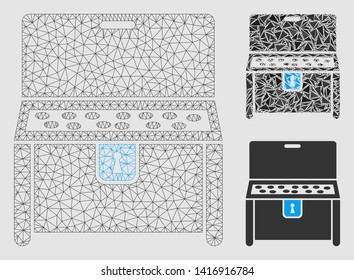 Mesh locked desk model with triangle mosaic icon. Wire frame polygonal mesh of locked desk. Vector collage of triangle elements in various sizes and color tones.