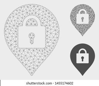 Mesh locker marker model with triangle mosaic icon. Wire carcass polygonal mesh of locker marker. Vector mosaic of triangle parts in various sizes, and color hues. Abstract flat mesh locker marker,