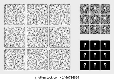 Mesh lockers model with triangle mosaic icon. Wire frame polygonal mesh of lockers. Vector composition of triangle elements in variable sizes, and color tinges. Abstract 2d mesh lockers,