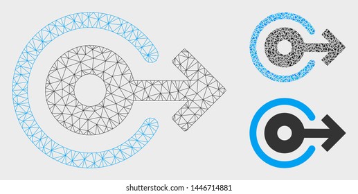 Mesh log out model with triangle mosaic icon. Wire carcass polygonal mesh of log out. Vector composition of triangle elements in various sizes, and color shades. Abstract 2d mesh log out,
