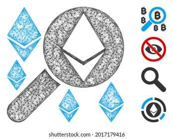 Mesh loupe search Ethereum web 2d vector illustration. Carcass model is based on loupe search Ethereum flat icon. Mesh forms abstract loupe search Ethereum flat carcass.