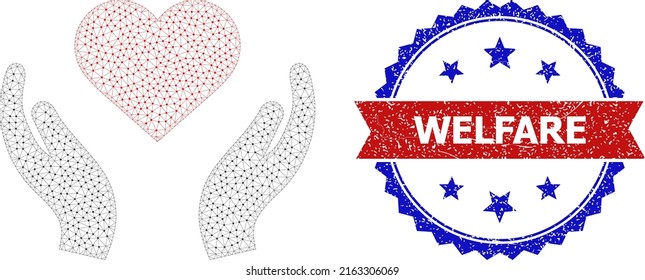 Mesh love care carcass icon, and bicolor textured Welfare stamp. Polygonal wireframe illustration is designed with love care icon. Vector seal with Welfare title inside red ribbon and blue rosette,