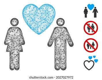 Mesh love couple web icon vector illustration. Carcass model is based on love couple flat icon. Net forms abstract love couple flat carcass. Wire frame flat web network isolated on a white background.