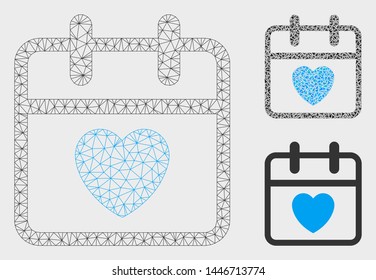 Mesh love day model with triangle mosaic icon. Wire carcass polygonal mesh of love day. Vector mosaic of triangles in various sizes, and color tinges. Abstract flat mesh love day,