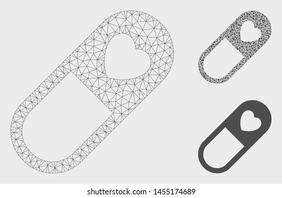 Mesh love granule model with triangle mosaic icon. Wire frame polygonal mesh of love granule. Vector mosaic of triangles in variable sizes, and color hues. Abstract flat mesh love granule,