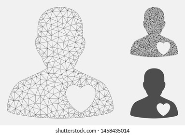 Mesh love heart guy model with triangle mosaic icon. Wire frame triangular mesh of love heart guy. Vector mosaic of triangle parts in various sizes, and color tints. Abstract 2d mesh love heart guy,