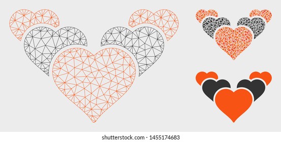 Mesh love hearts model with triangle mosaic icon. Wire carcass triangular mesh of love hearts. Vector collage of triangle parts in variable sizes, and color tinges. Abstract flat mesh love hearts,
