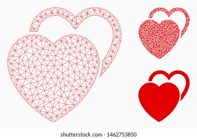 Mesh love hearts model with triangle mosaic icon. Wire carcass triangular mesh of love hearts. Vector collage of triangles in different sizes, and color tints. Abstract 2d mesh love hearts,