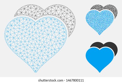 Mesh love hearts model with triangle mosaic icon. Wire carcass triangular network of love hearts. Vector mosaic of triangle parts in various sizes, and color hues. Abstract 2d mesh love hearts,