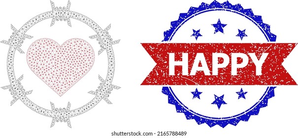 Mesh love jail wireframe illustration, and bicolor scratched Happy seal stamp. Mesh carcass illustration created from love jail icon. Vector seal with Happy title inside red ribbon and blue rosette,