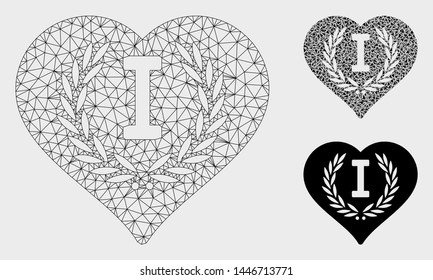 Mesh love number one model with triangle mosaic icon. Wire carcass triangular mesh of love number one. Vector mosaic of triangle parts in different sizes, and color tones.