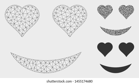 Mesh love smiley model with triangle mosaic icon. Wire frame polygonal mesh of love smiley. Vector mosaic of triangle parts in various sizes, and color hues. Abstract flat mesh love smiley,