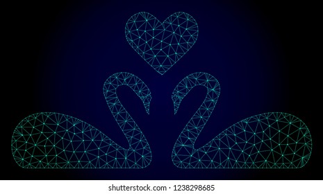 Mesh love swans polygonal illustration. Abstract mesh lines, triangles and points on dark background with love swans. Wire frame 2D polygonal line network in vector format on a dark blue background.