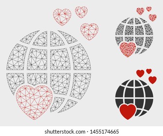 Mesh lovely planet model with triangle mosaic icon. Wire frame triangular mesh of lovely planet. Vector collage of triangle elements in variable sizes, and color tinges.