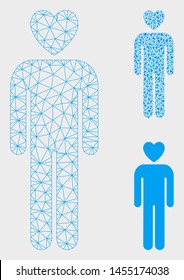 Mesh lover man model with triangle mosaic icon. Wire carcass polygonal mesh of lover man. Vector mosaic of triangle elements in different sizes, and color hues. Abstract 2d mesh lover man,