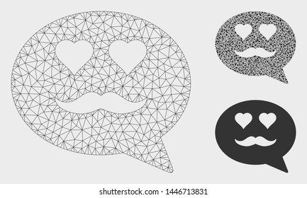 Mesh lover smiley message model with triangle mosaic icon. Wire carcass triangular mesh of lover smiley message. Vector composition of triangle elements in various sizes, and color tints.