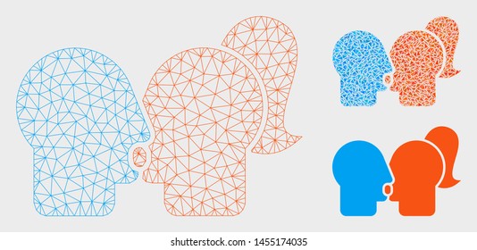 Mesh lovers kiss model with triangle mosaic icon. Wire frame triangular mesh of lovers kiss. Vector mosaic of triangle elements in various sizes, and color tints. Abstract 2d mesh lovers kiss,