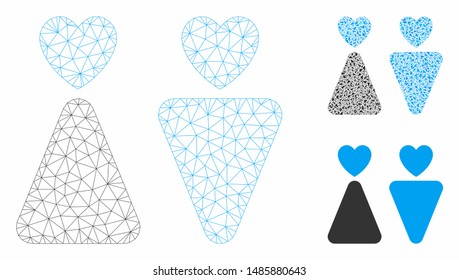 Mesh lovers model with triangle mosaic icon. Wire frame triangular mesh of lovers. Vector composition of triangle parts in different sizes, and color shades. Abstract 2d mesh lovers,