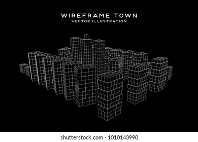 Mesh low poly wireframe cubes array like skyscraper city. Connected lines town. Connection Box Structure. Digital Data Visualization Concept. Vector Illustration.