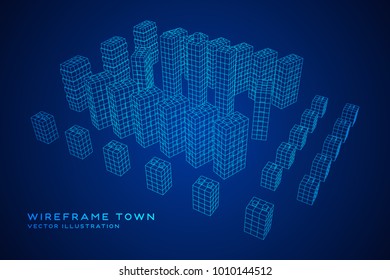 Mesh low poly wireframe cubes array like skyscraper city. Connected lines town. Connection Box Structure. Digital Data Visualization Concept. Vector Illustration.