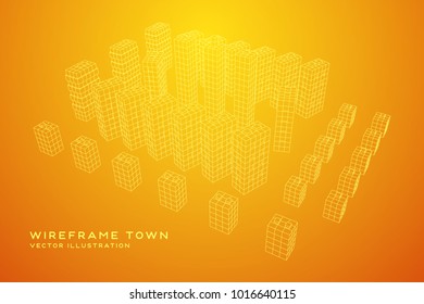 Mesh low poly wireframe cubes array like skyscraper city. Connected lines town. Connection Box Structure. Digital Data Visualization Concept. Vector Illustration.