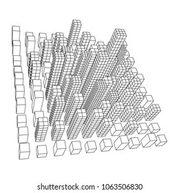 Mesh low poly wireframe cubes array like skyscraper city. Connected lines town. Connection Box Structure. Digital Data Visualization Concept. Vector Illustration.