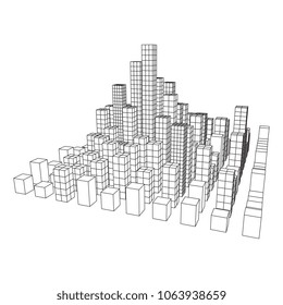 Mesh low poly wireframe cubes array like skyscraper city. Connected lines town. Connection Box Structure. Digital Data Visualization Concept. Vector Illustration.
