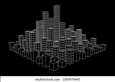 Mesh low poly wireframe cubes array like skyscraper city. Connected lines town. Connection Box Structure. Digital Data Visualization Concept. Vector Illustration.