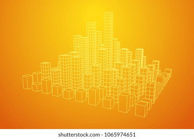 Mesh low poly wireframe cubes array like skyscraper city. Connected lines town. Connection Box Structure. Digital Data Visualization Concept. Vector Illustration.