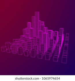 Mesh low poly wireframe cubes array like skyscraper city. Connected lines town. Connection Box Structure. Digital Data Visualization Concept. Vector Illustration.